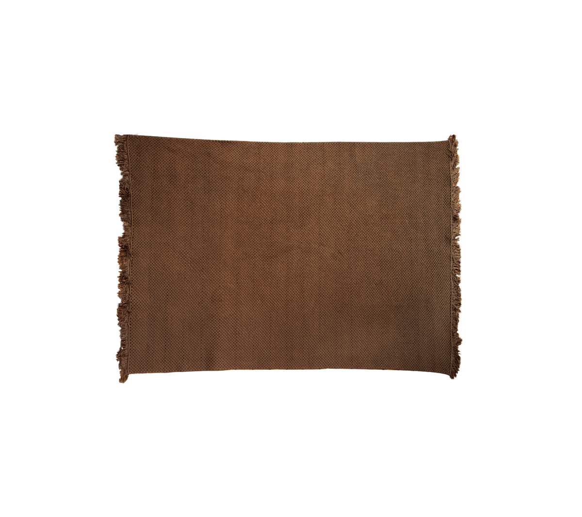 A textured brown rug with fringed edges, adding warmth and style to any space.