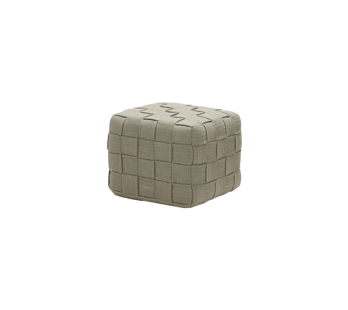 A square, textured pouf with a woven pattern in a neutral color, suitable for various decor styles.