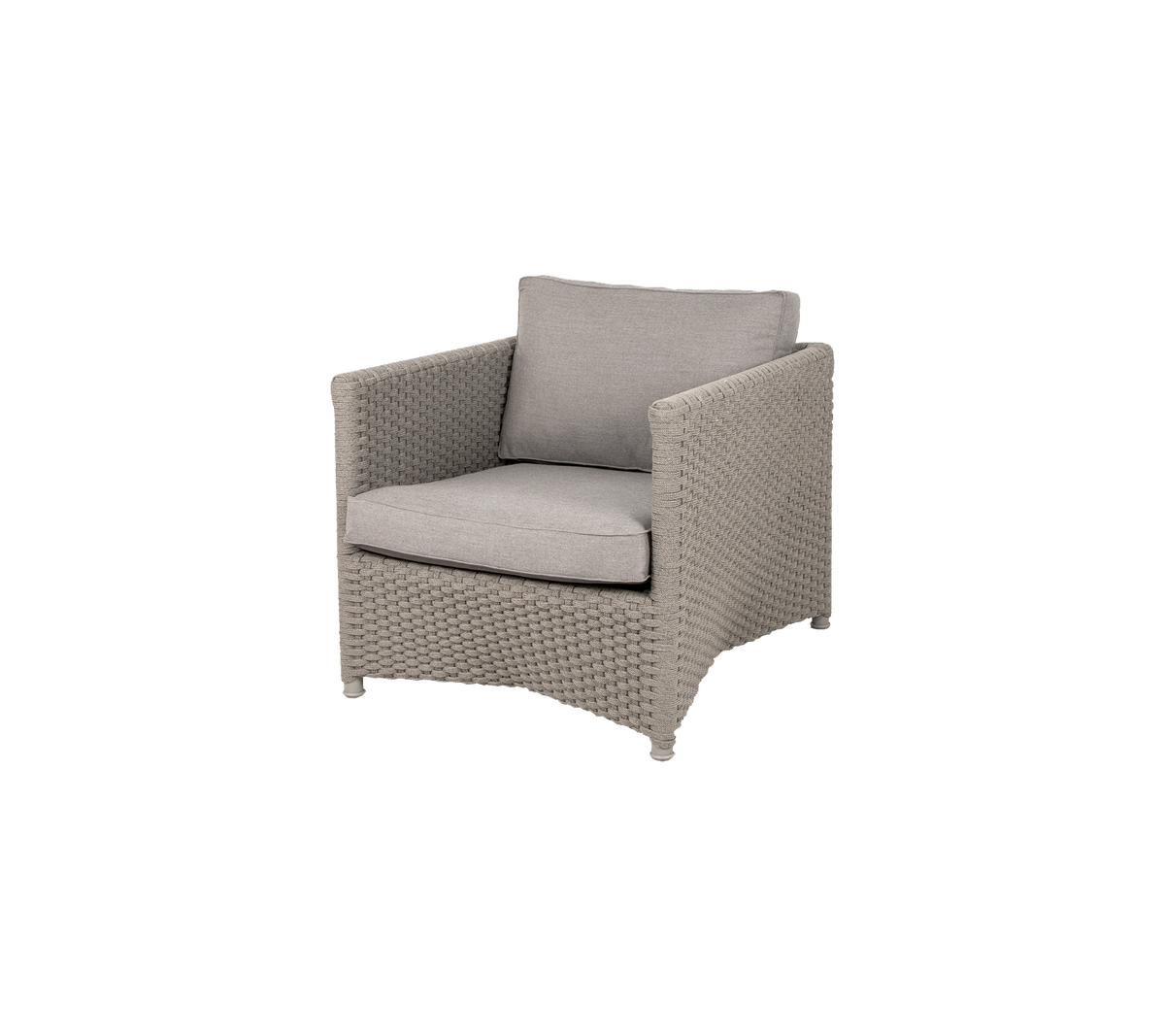 Stylish armchair with a woven base and soft gray cushions, perfect for adding comfort and elegance to any space.