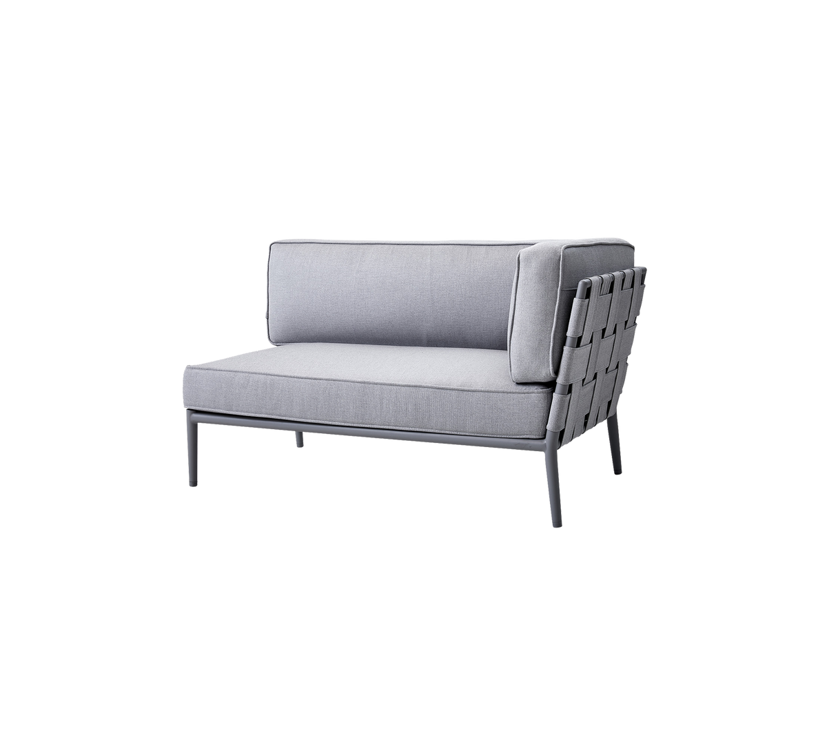 Modern gray lounge chair with a sleek design and woven backrest, perfect for stylish seating in various settings.