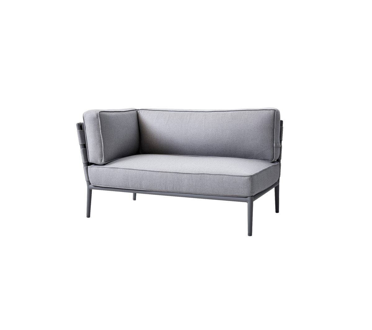 Gray two-seater sofa with plush cushions and a sleek metal frame, designed for comfort and modern aesthetics.