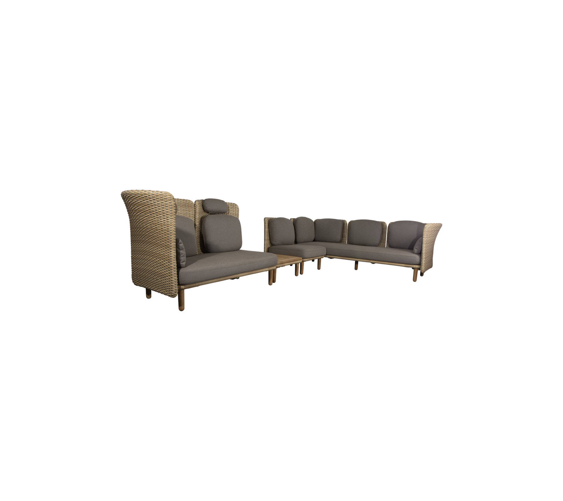 Arch corner sofa w/ low+high arm/backrest & table (2)