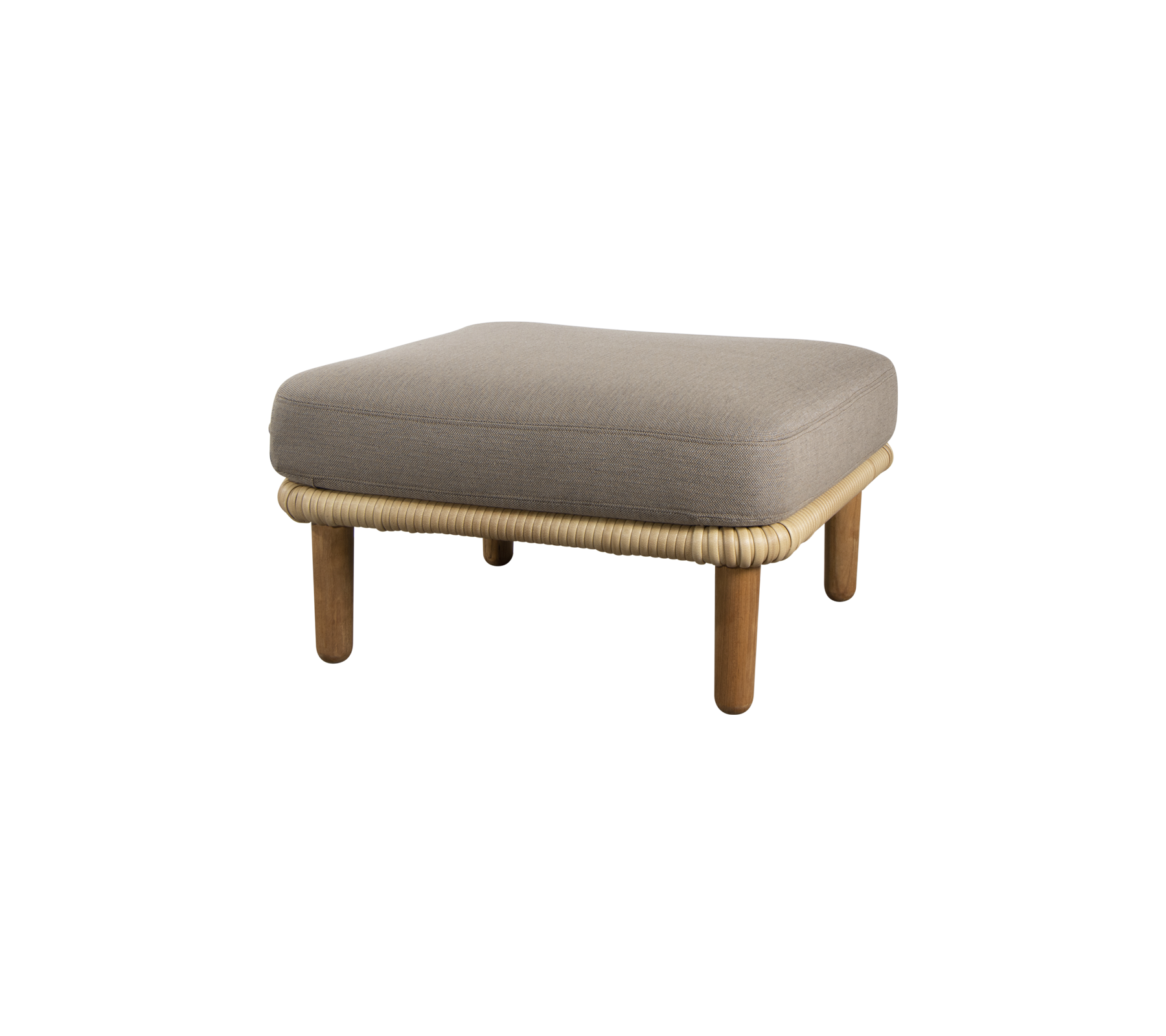 A square, cushioned ottoman with wooden legs and a woven edge, designed for versatile seating and relaxation.