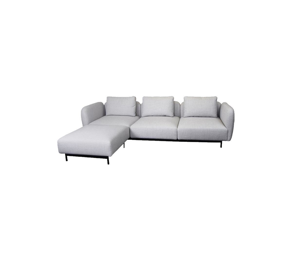 Contemporary L-shaped sofa in light gray fabric with plush cushions and tapered legs, ideal for modern living spaces.
