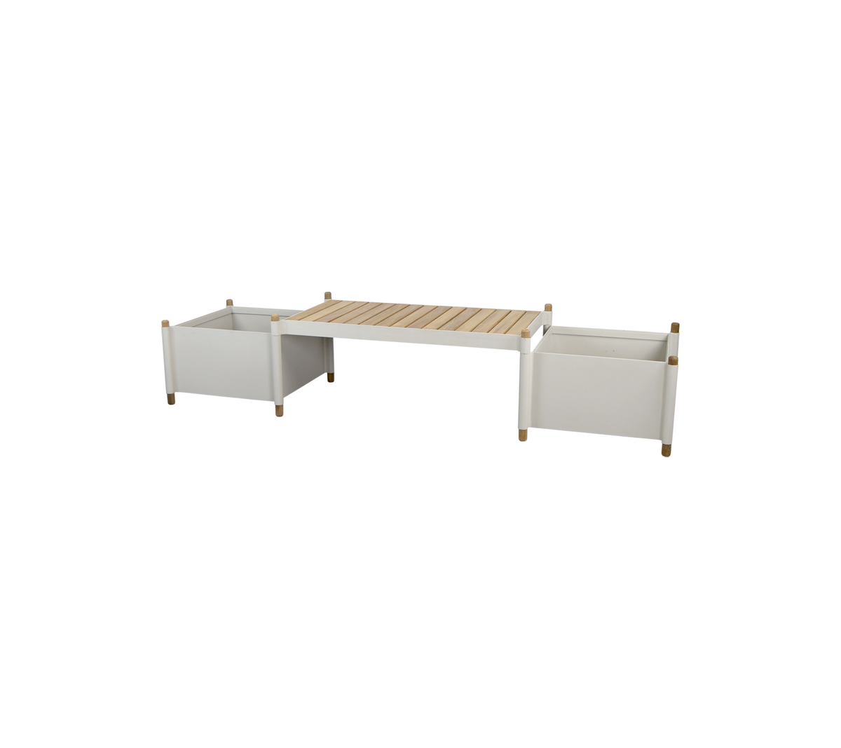A modern storage table with two white containers and a wooden slatted top, designed for versatile home organization.