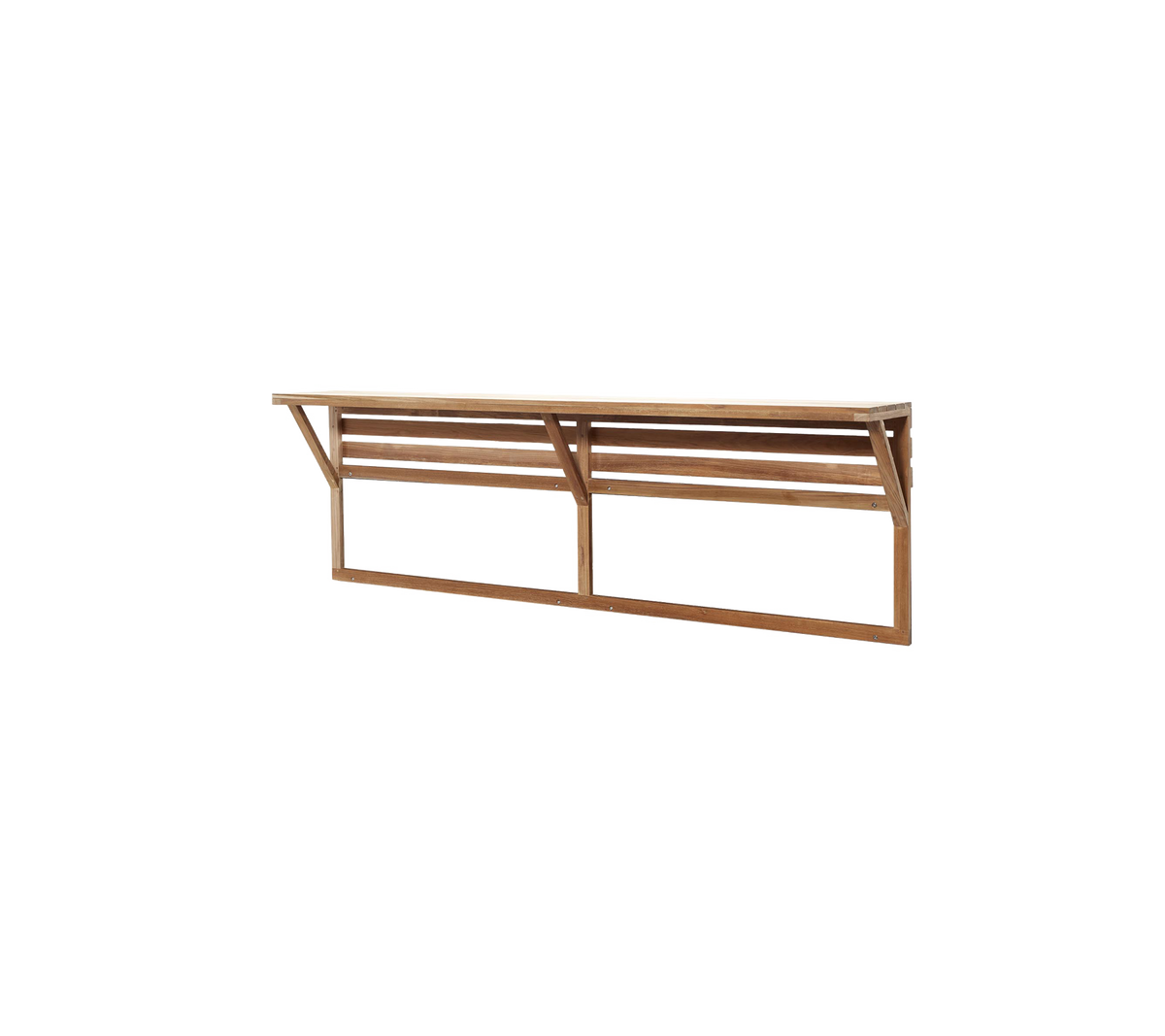 A sleek wooden shelf with slatted design, featuring sturdy side supports for additional stability, ideal for various applications.