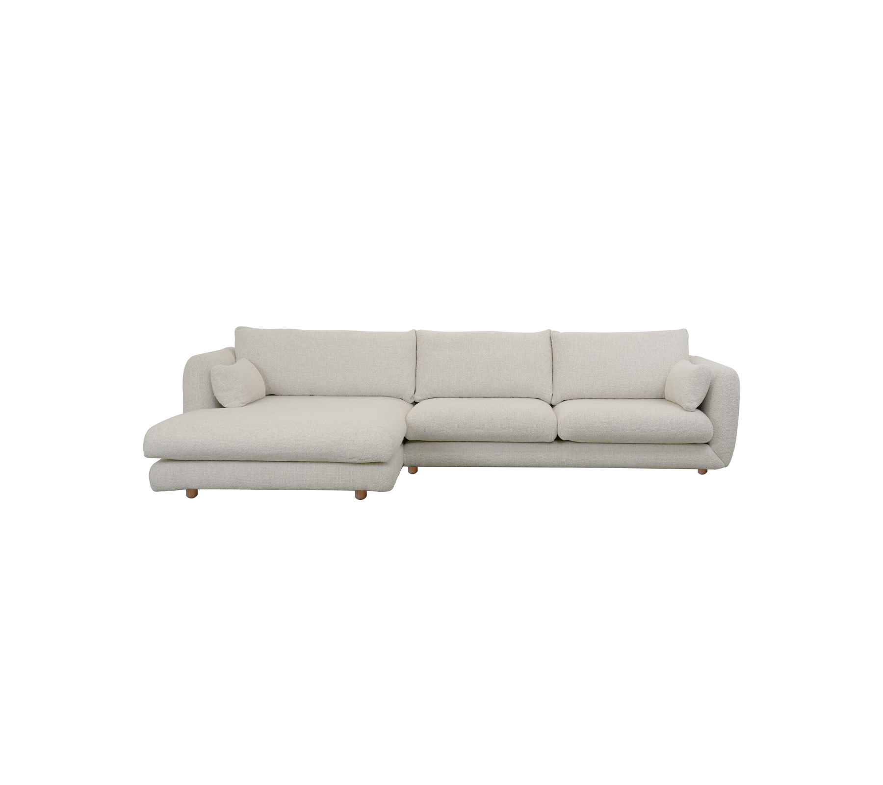 Modern sand-colored sofa with chaise lounge design.