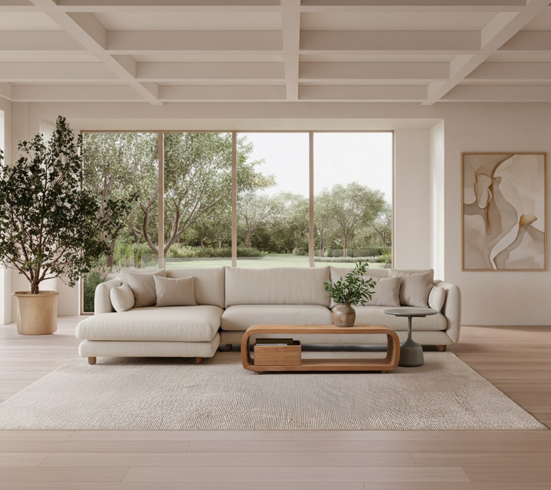 Light grey sofa with wood coffee table and large plant in a modern lounge setting.