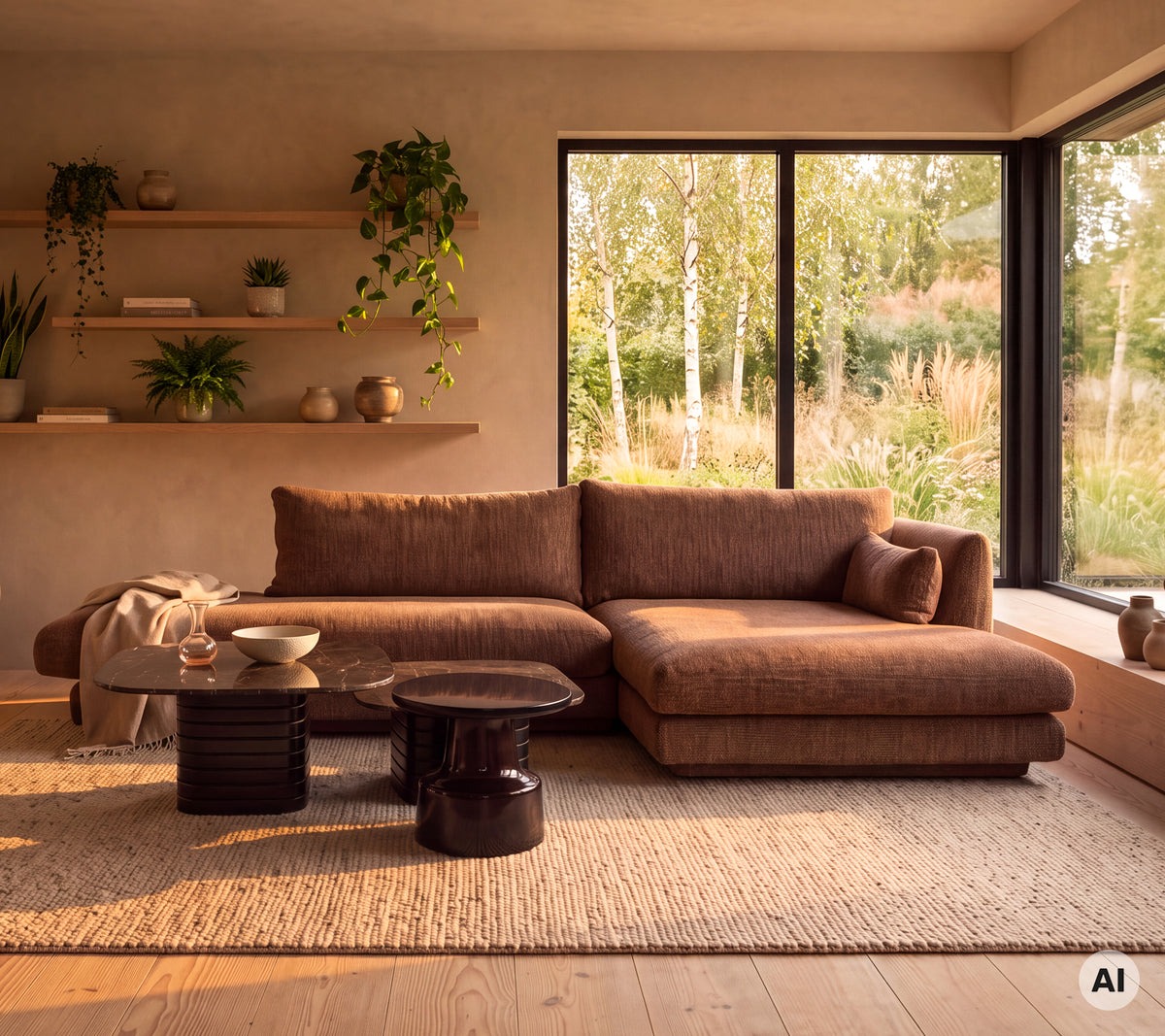 Brown sectional sofa with a black side table on a woven rug in a modern lounge setting.