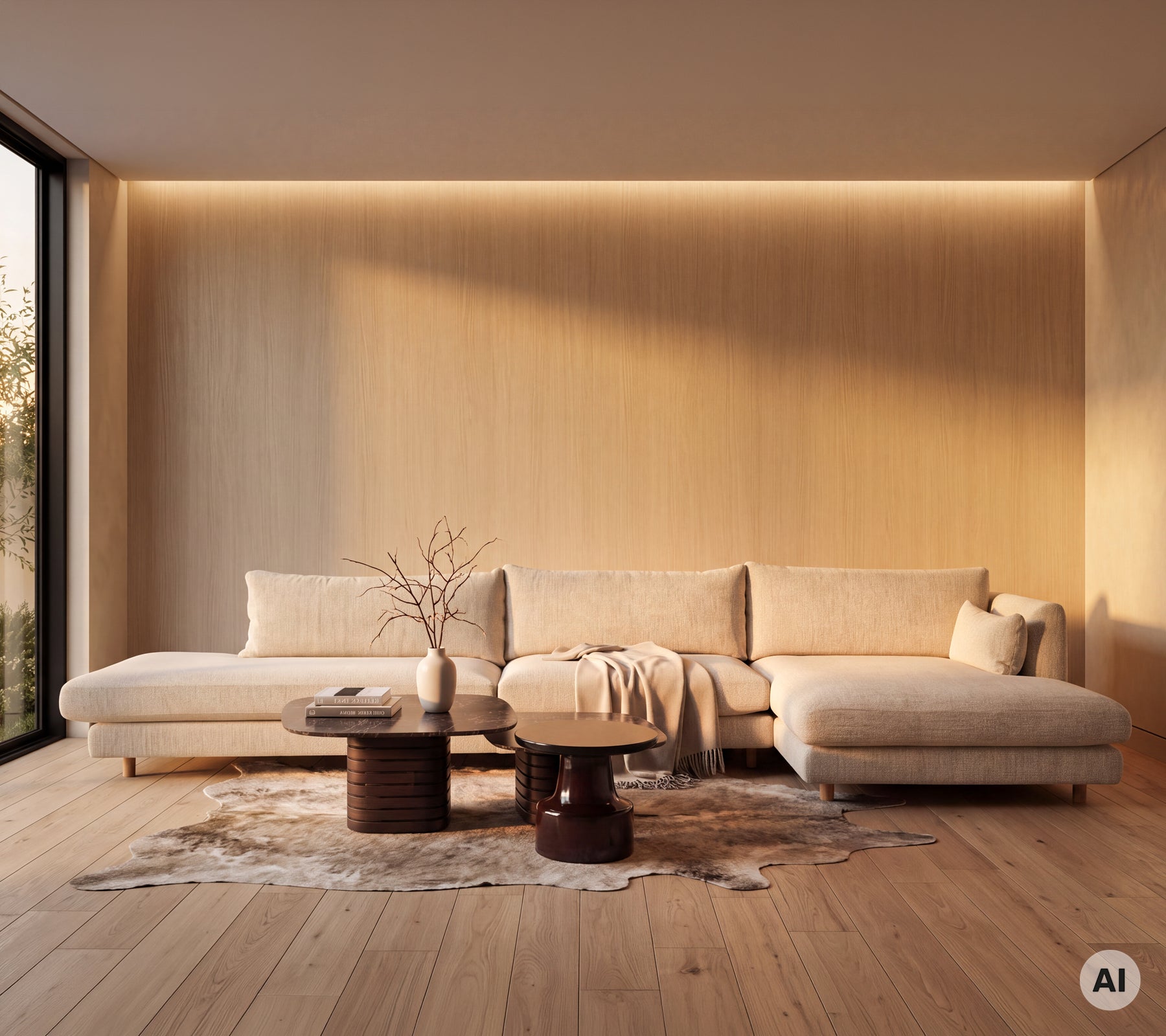 Modern lounge featuring a beige sofa, round wooden table, and white rug.