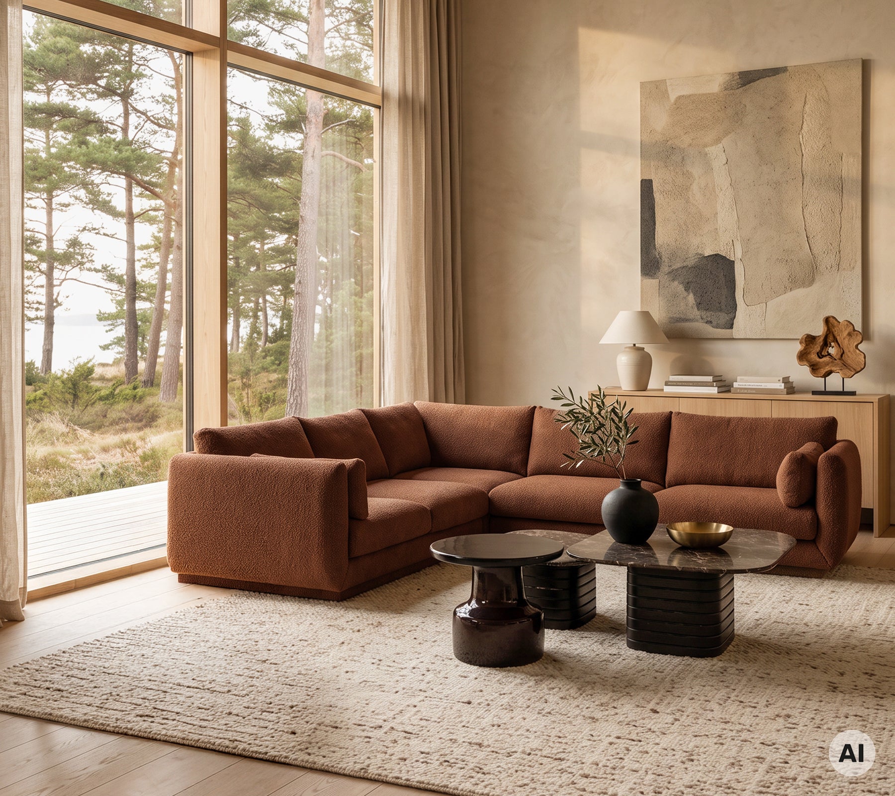 Modern brown sofa with a black coffee table and decorative vase in a minimalist lounge.