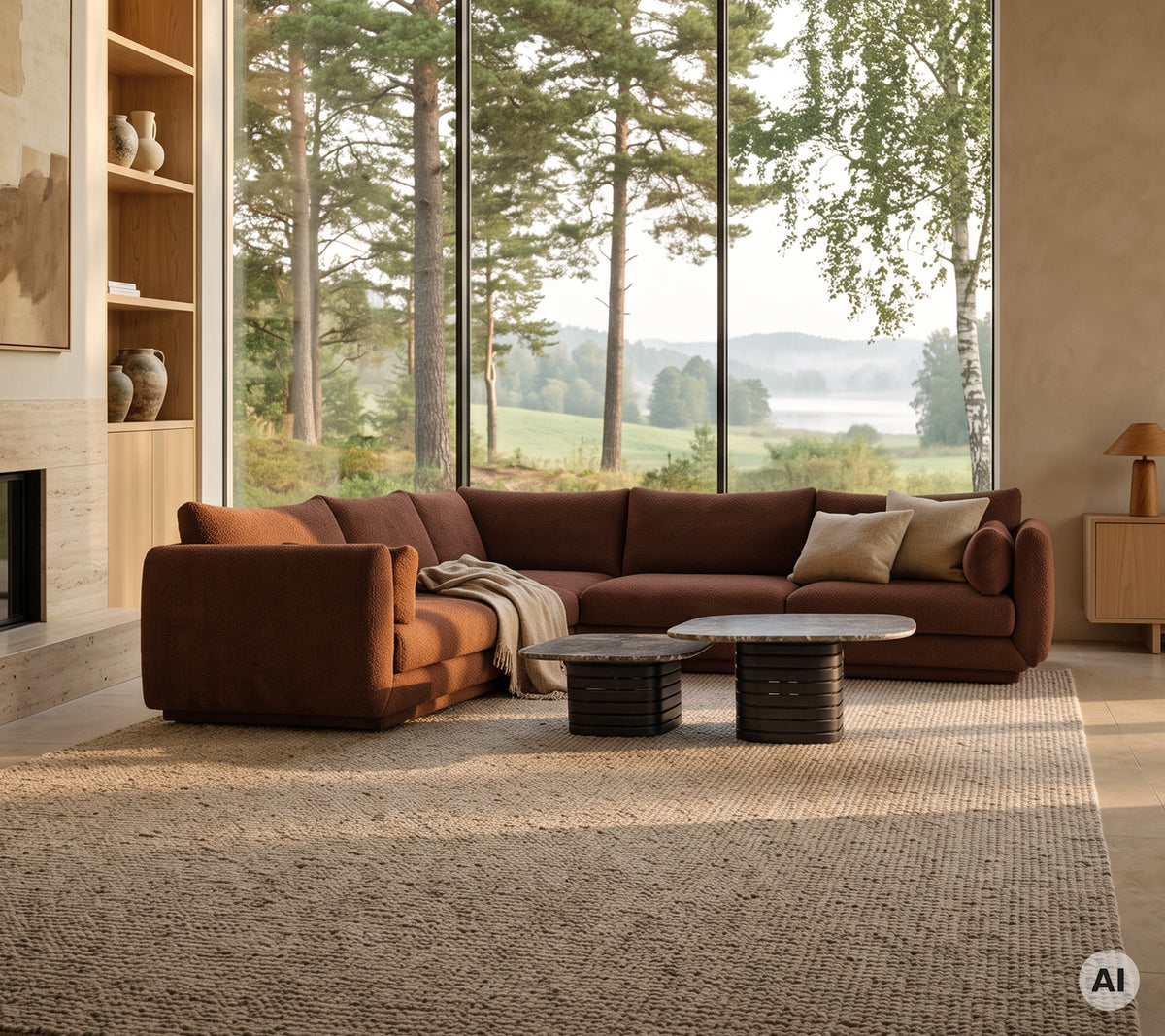 Modern lounge area featuring a brown sofa, white cushion, round coffee table, and black side tables.