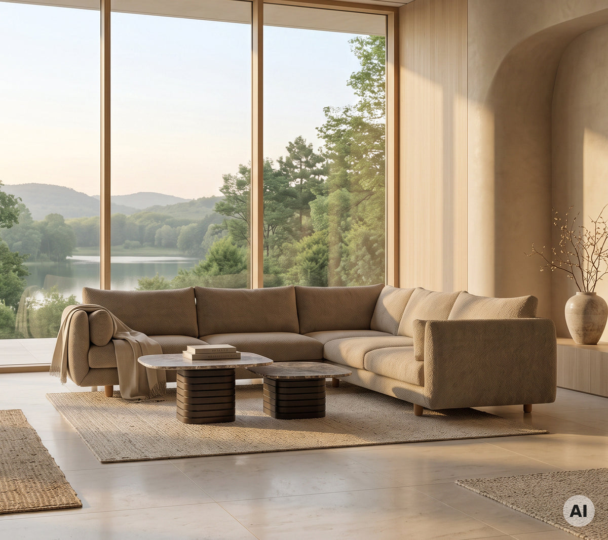 Beige sectional sofa with a wooden coffee table and light rug in a modern lounge setting.