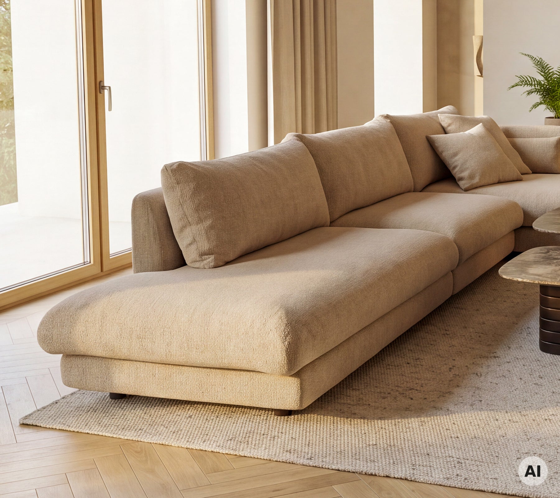 Beige chaise longue sofa module with cushions in a modern lounge setting.