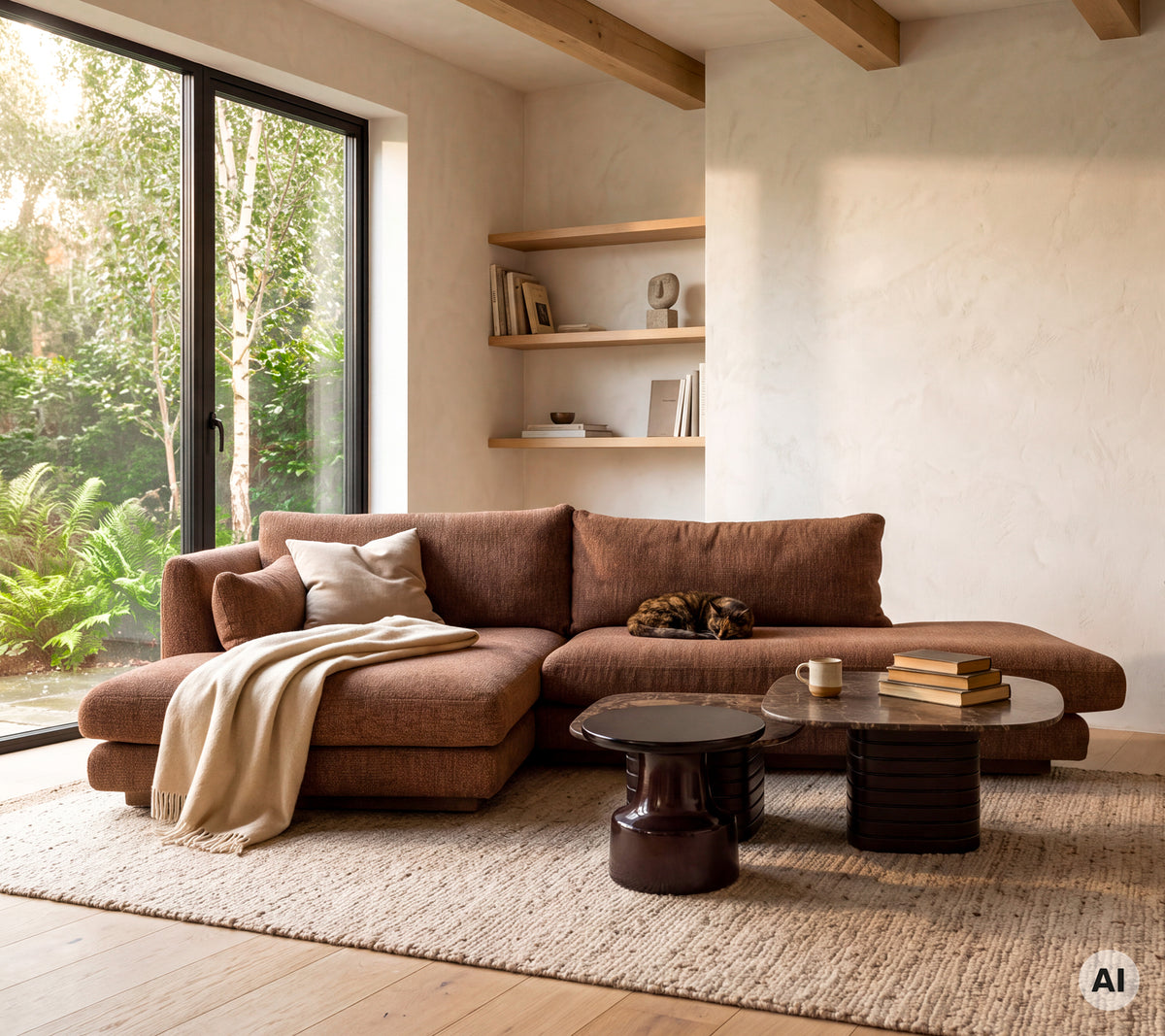 Brown sectional sofa with a white throw blanket and black side table in a modern lounge.