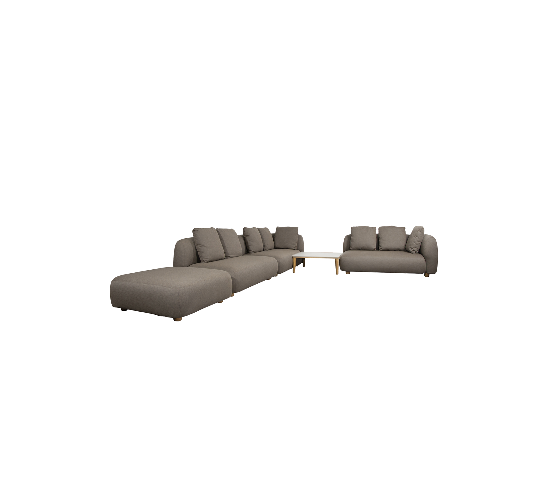 Modern taupe sectional sofa and loveseat in a stylish lounge setting.