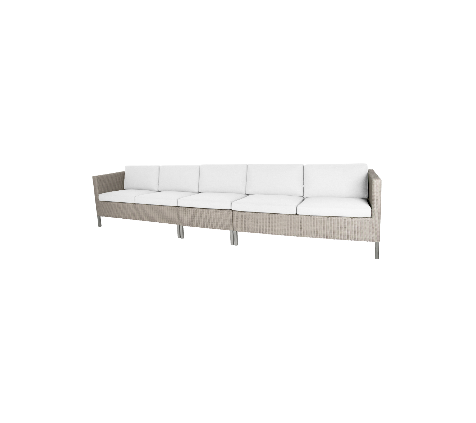 Sleek sectional sofa with a light beige frame and plush white cushions, perfect for dining or lounging.