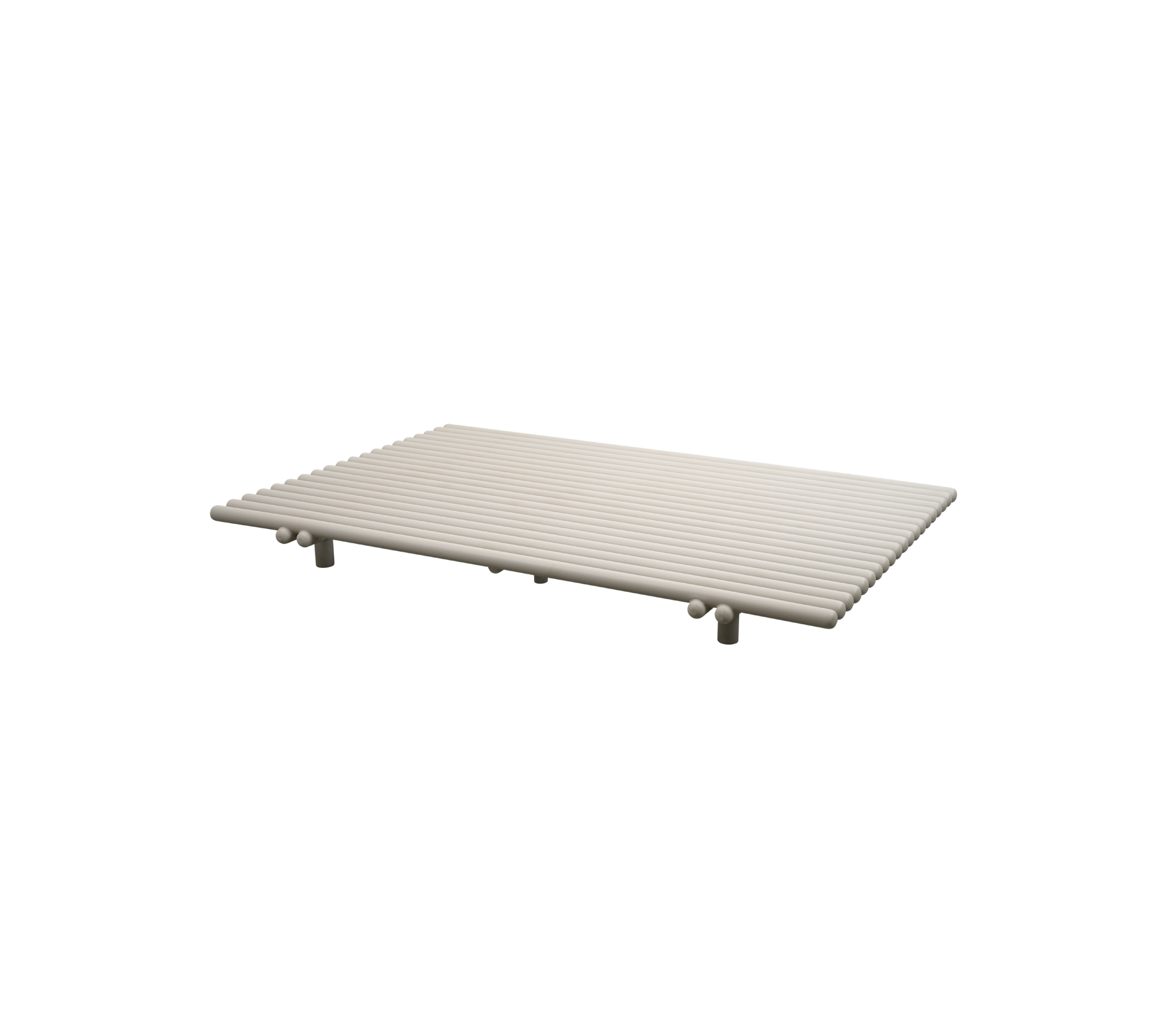 Flat, rectangular surface with horizontal grooves, supported by four legs, suitable for various uses. Color is light and neutral.
