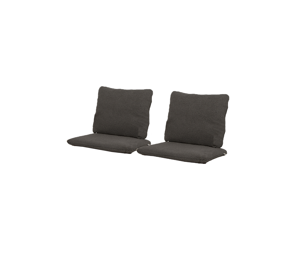 Two dark gray cushions designed for seating, featuring soft backs and seat portions for comfort. Ideal for enhancing relaxation.