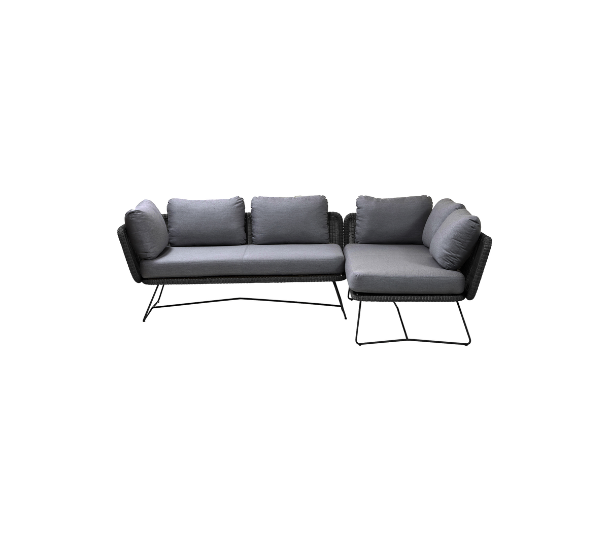 Stylish black-framed sectional sofa with plush gray cushions, featuring a modern design suitable for various spaces.