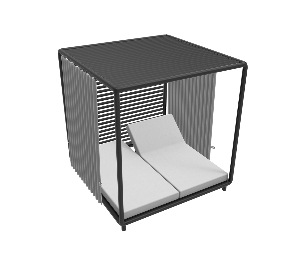 Stylish cabana featuring a modern design with two cushioned loungers and sleek vertical slats for a contemporary look.
