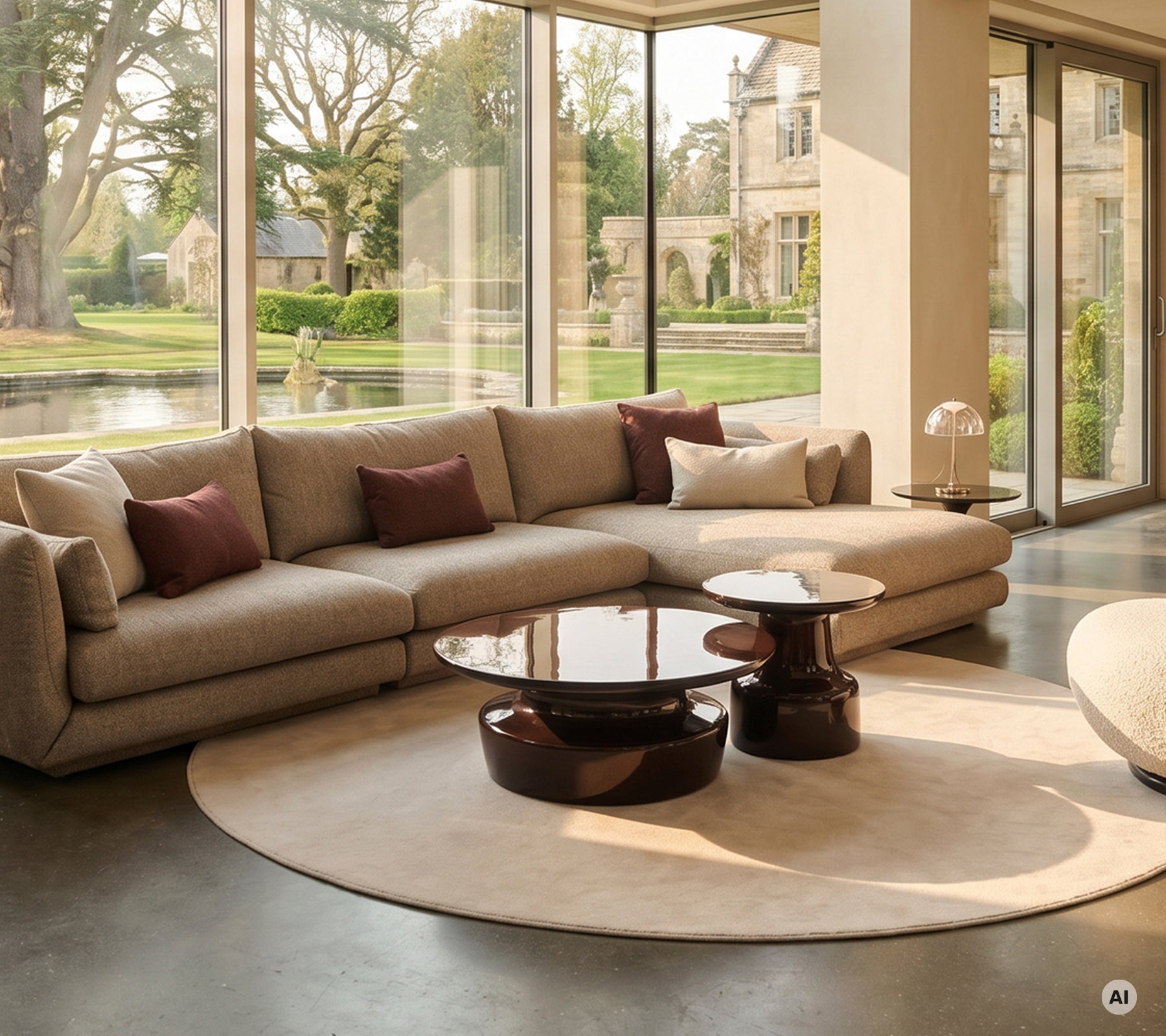 Modern lounge with beige sectional sofa, brown coffee table, and cream area rug.