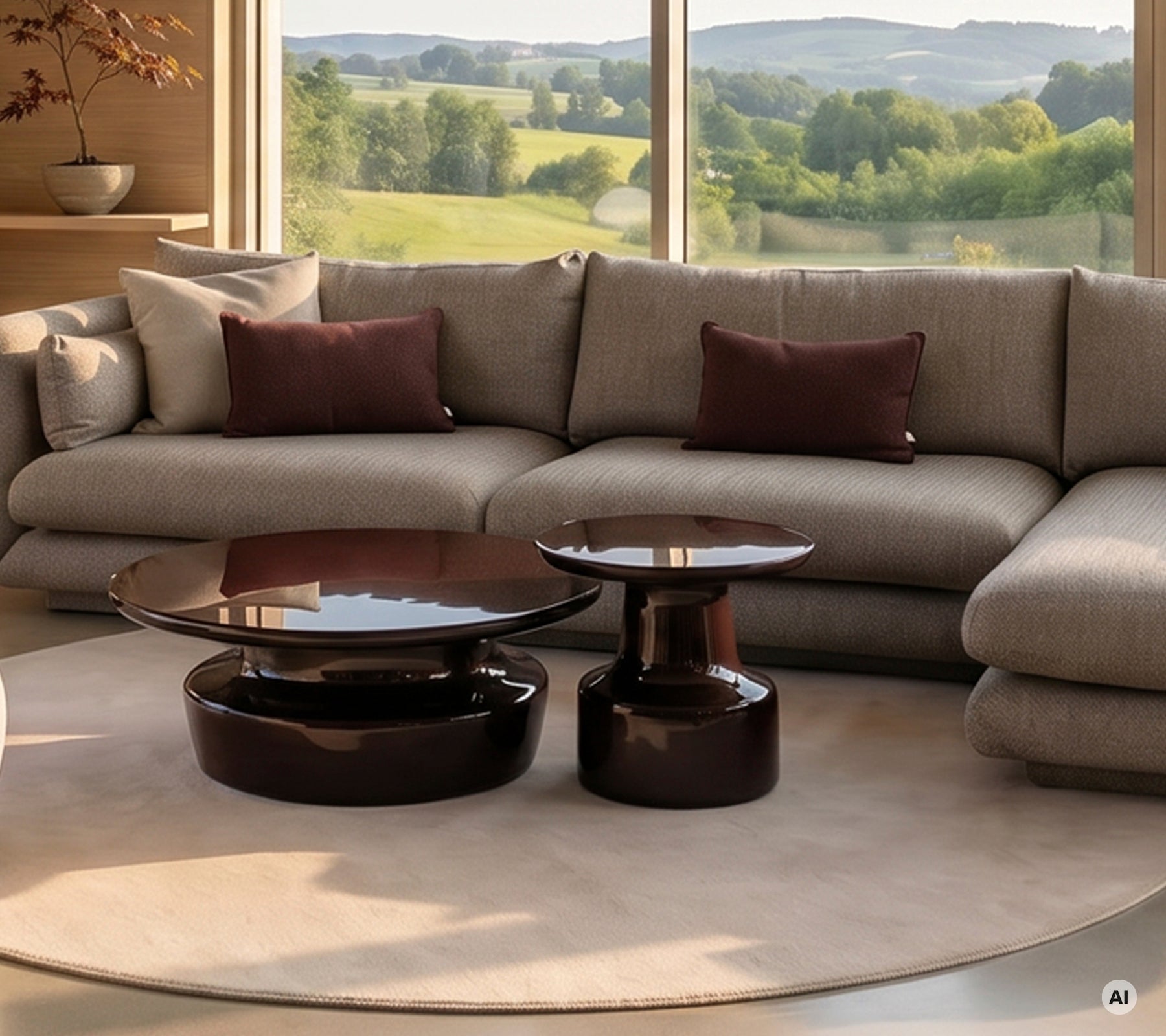 Modern lounge featuring a grey sectional sofa with brown cushions and black tables.