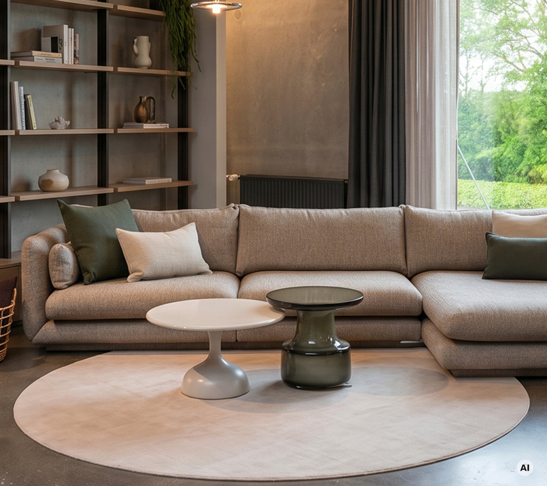 Modern lounge with beige sofa, white table, and green cushion.