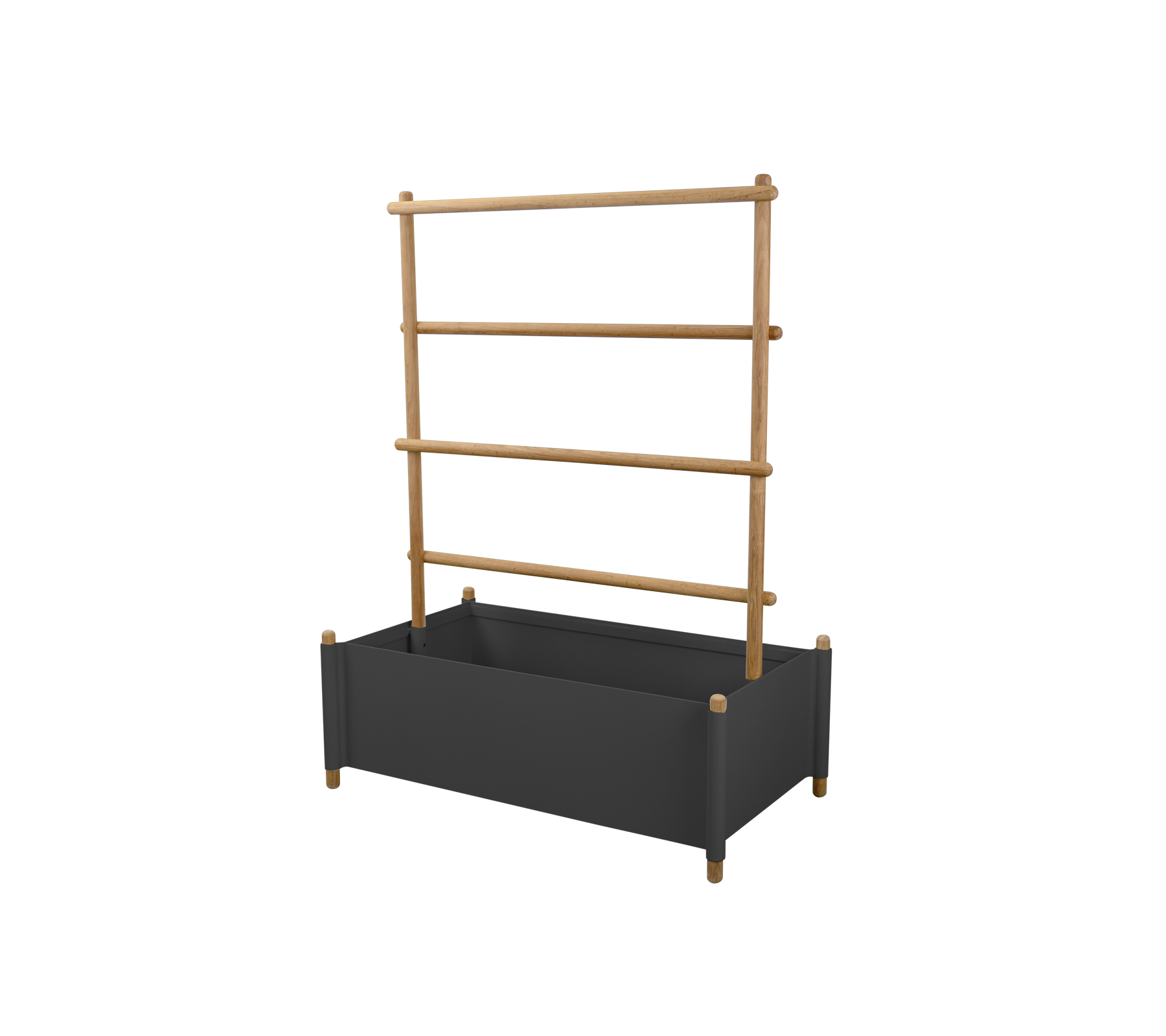 A decorative planter with a dark base and three bamboo support sticks for climbing plants. Ideal for enhancing plant display.