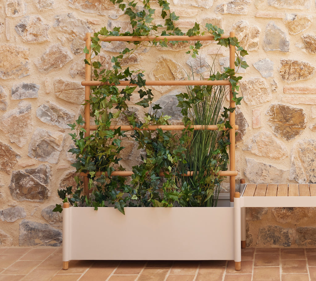 Large planter with a wooden stick trellis, adorned with lush green vines and plants, set against a textured stone backdrop.