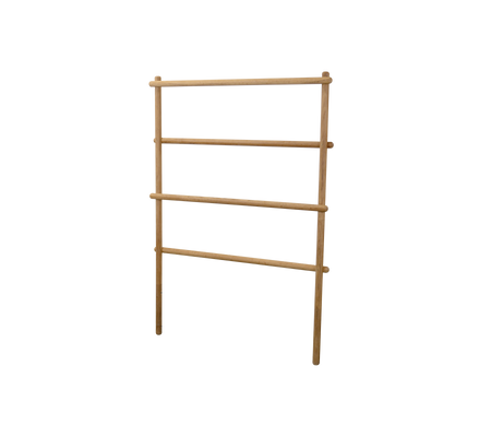 Wooden rack with three horizontal bars for displaying or storing items. Natural finish enhances any decor style.