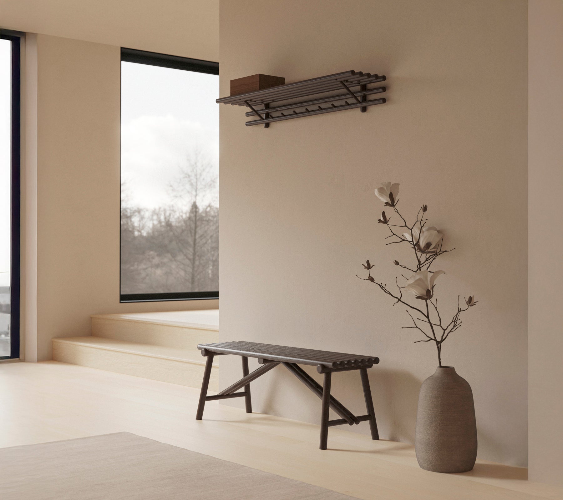 A minimalist space featuring a wooden bench, a decorative vase with a plant, and a wall shelf displaying simple items.