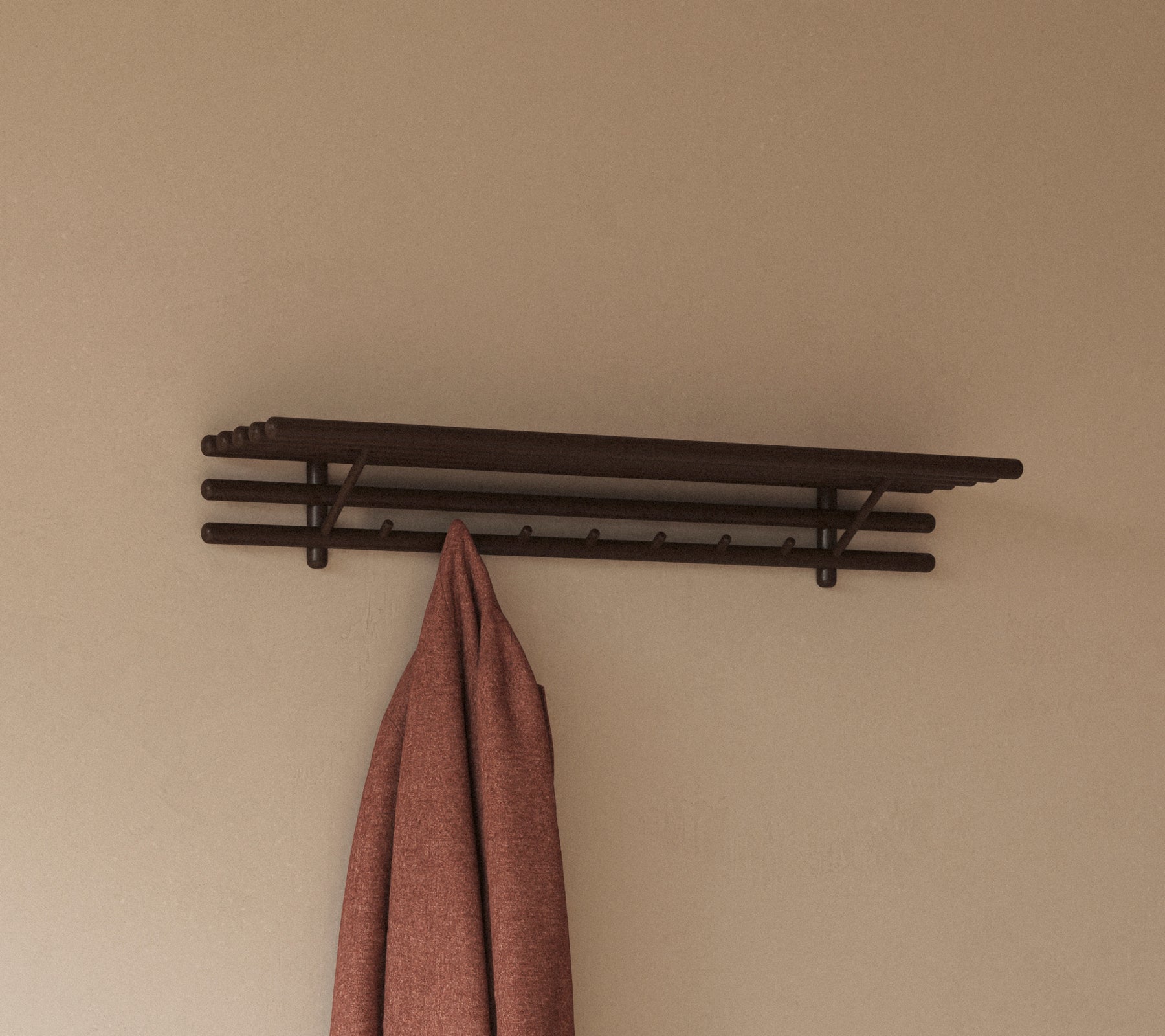 A minimalist shelf with multiple hooks holding a hanging rag, designed for practical storage and organization.